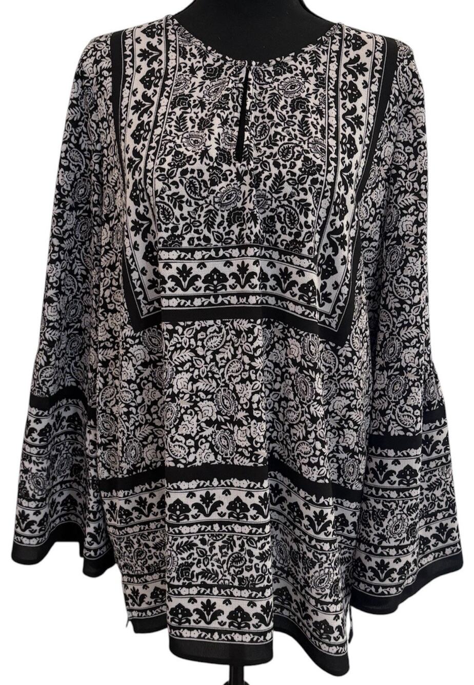 Chaus Black and White Peasant Blouse Keyhole Neck Flowy Bell Sleeves Size Large